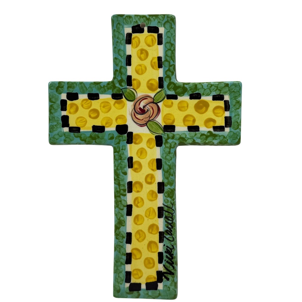 Vicki Carroll Ceramic Wall Cross Hand Painted Studio Pottery Rose Polka Dot 11"